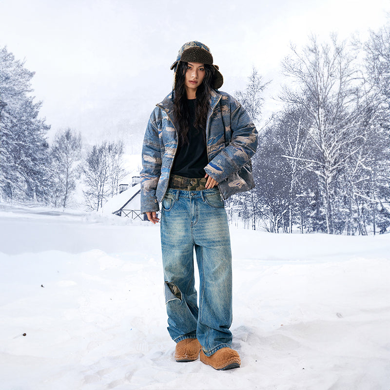 “Ragged Oil” Ragged Printed Denim White Duck Down Jacket