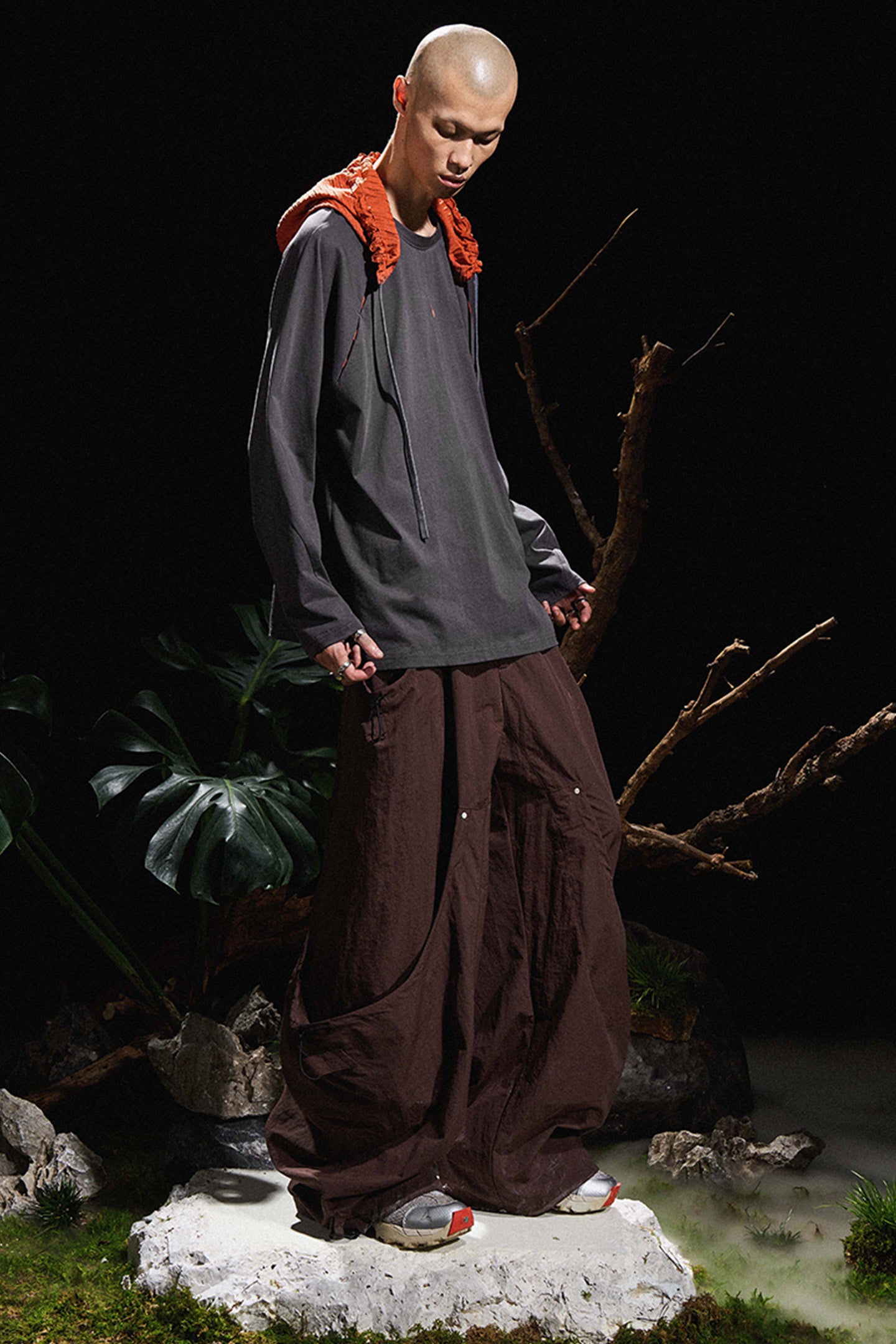 RELABEL丨Gray And Orange Stitching Hooded Long T-Shirt - PSYLOS 1, RELABEL丨Gray And Orange Stitching Hooded Long T-Shirt, T-Shirt, RELABEL, PSYLOS 1