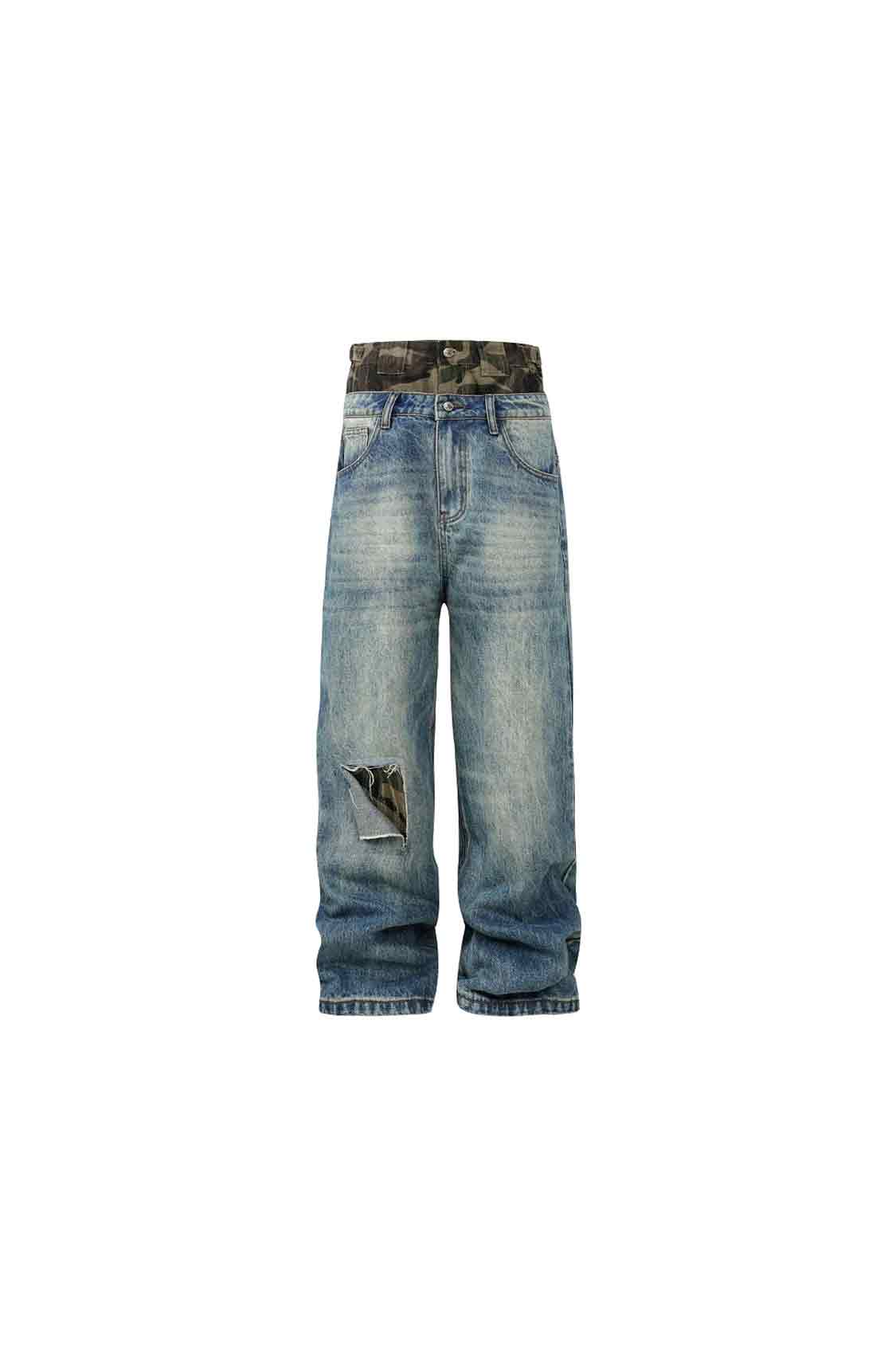 Camouflage Panel Double Waist Jeans