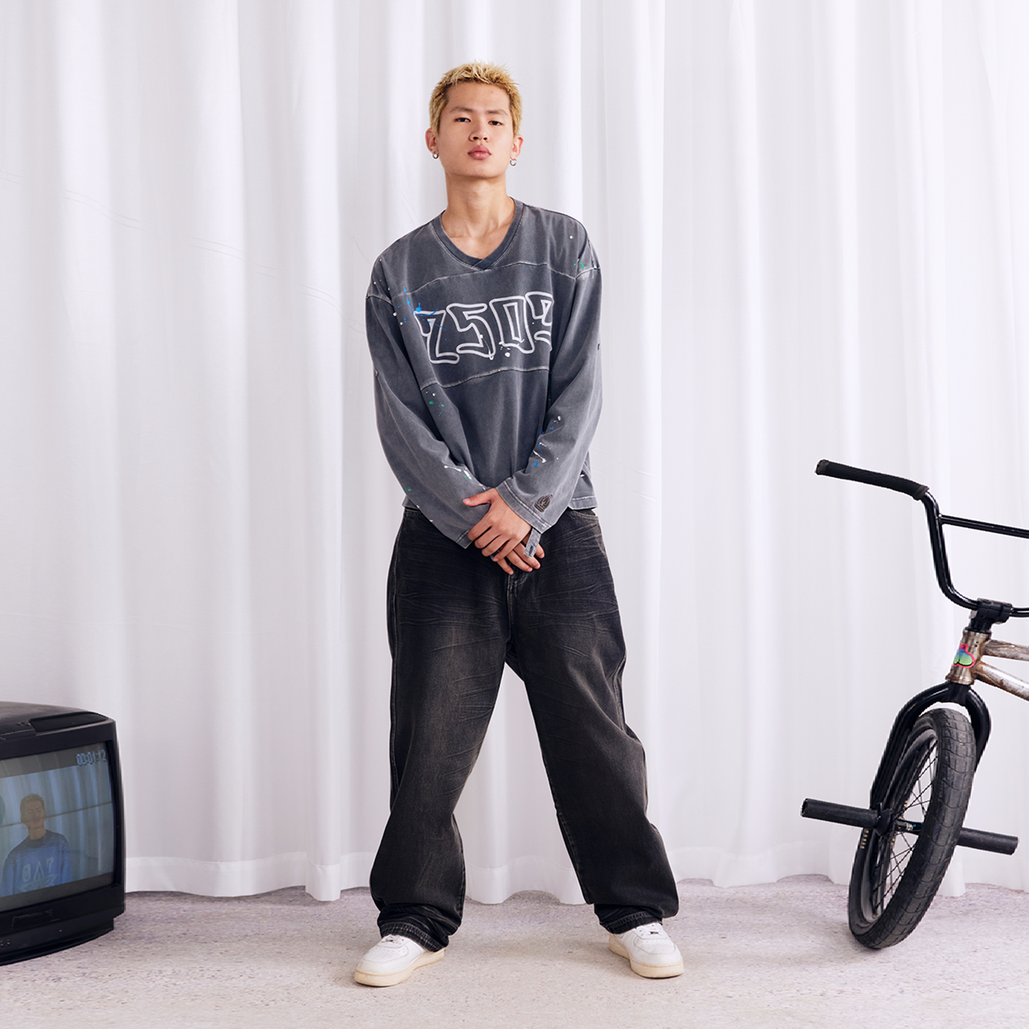 BURNIN* "2503" v-neck splash-ink retro old washed T-shirt - PSYLOS 1, BURNIN* "2503" v-neck splash-ink retro old washed T-shirt, T-Shirt, Burnin, PSYLOS 1