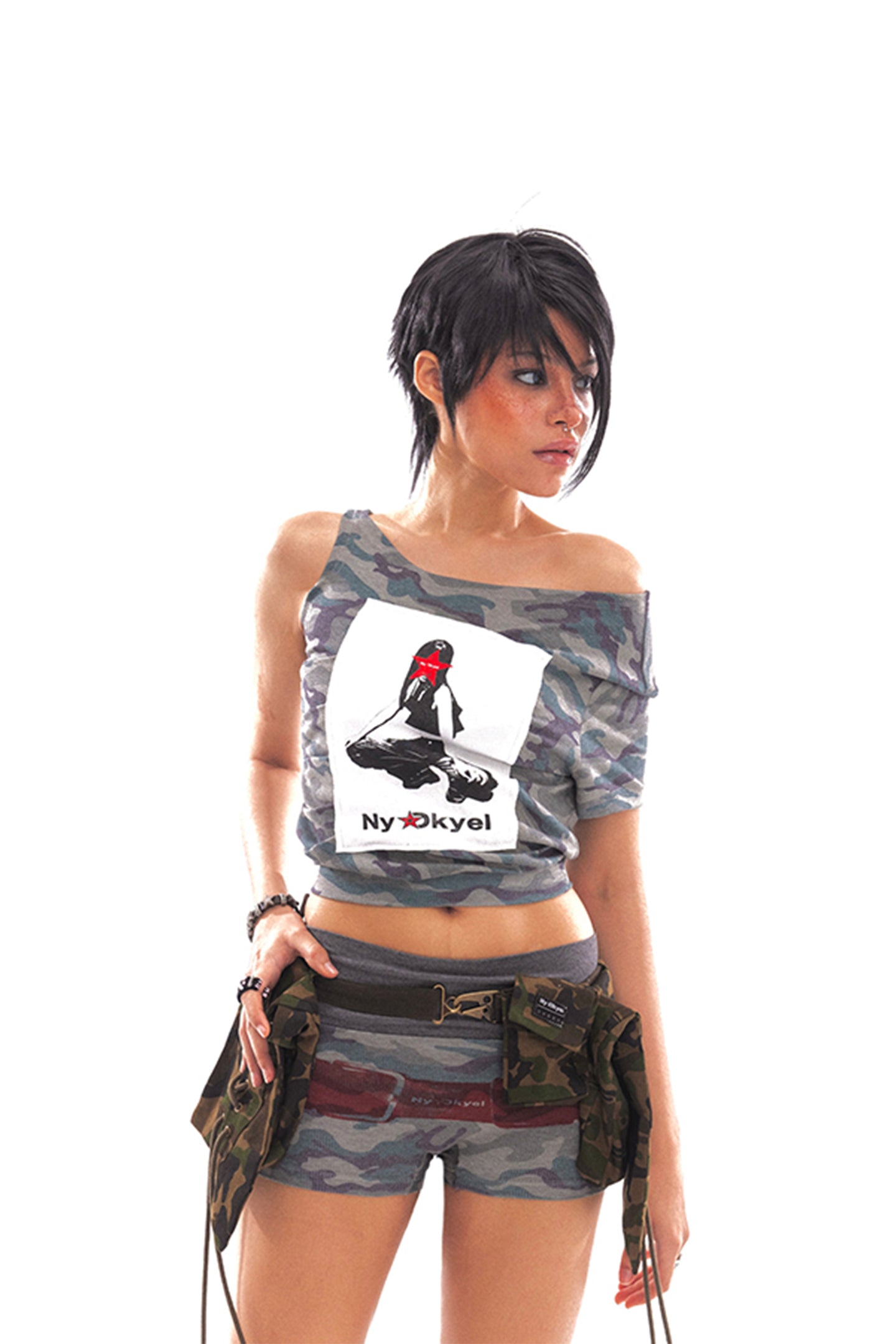 Camo Off-Shoulder Patch Top - PSYLOS 1, Camo Off-Shoulder Patch Top, T-shirt, NyDkyel, PSYLOS 1