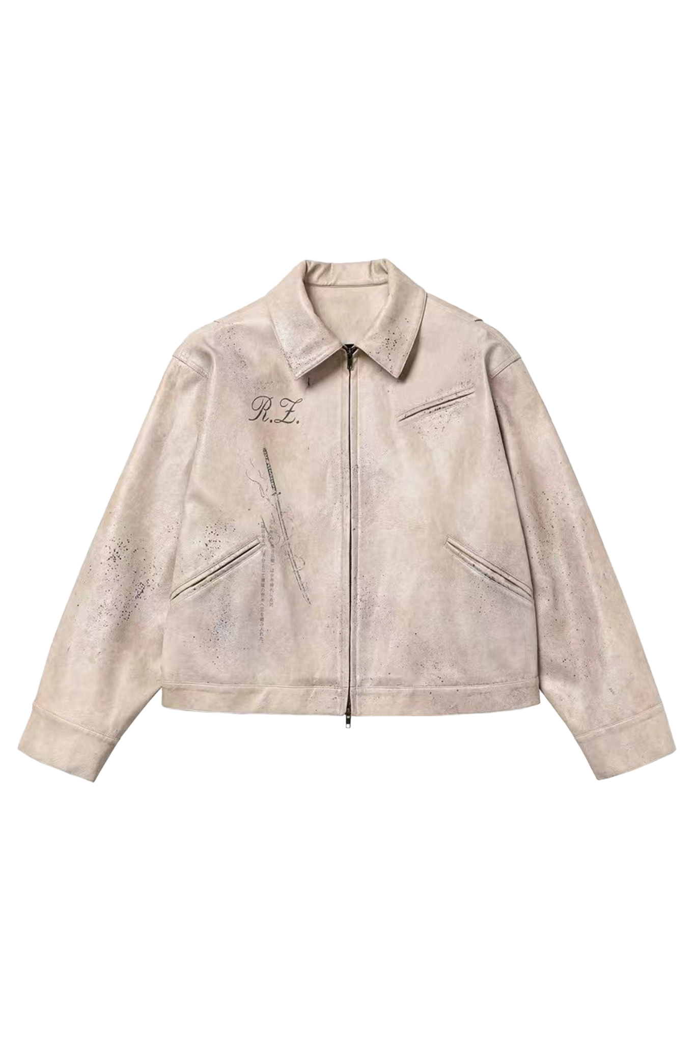 REGEN ZONE Distressed White Ink-splattered Vintage Leather Jacket