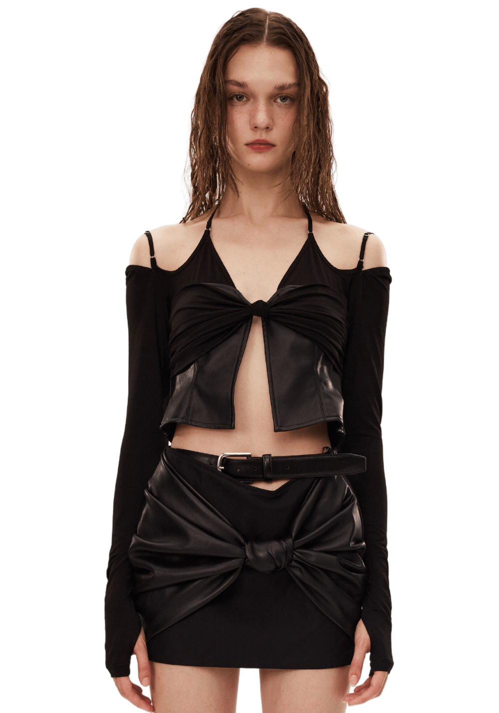 Knitted Spliced Leather Knot Top - PSYLOS 1, Knitted Spliced Leather Knot Top, Shirt, LEEWEI, PSYLOS 1