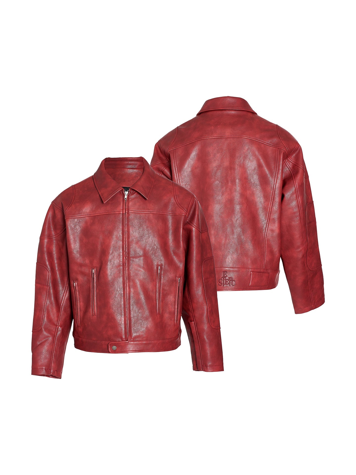 STEEPC Distressed Blur Washed Burgundy Red Short Wide Leather Jacket