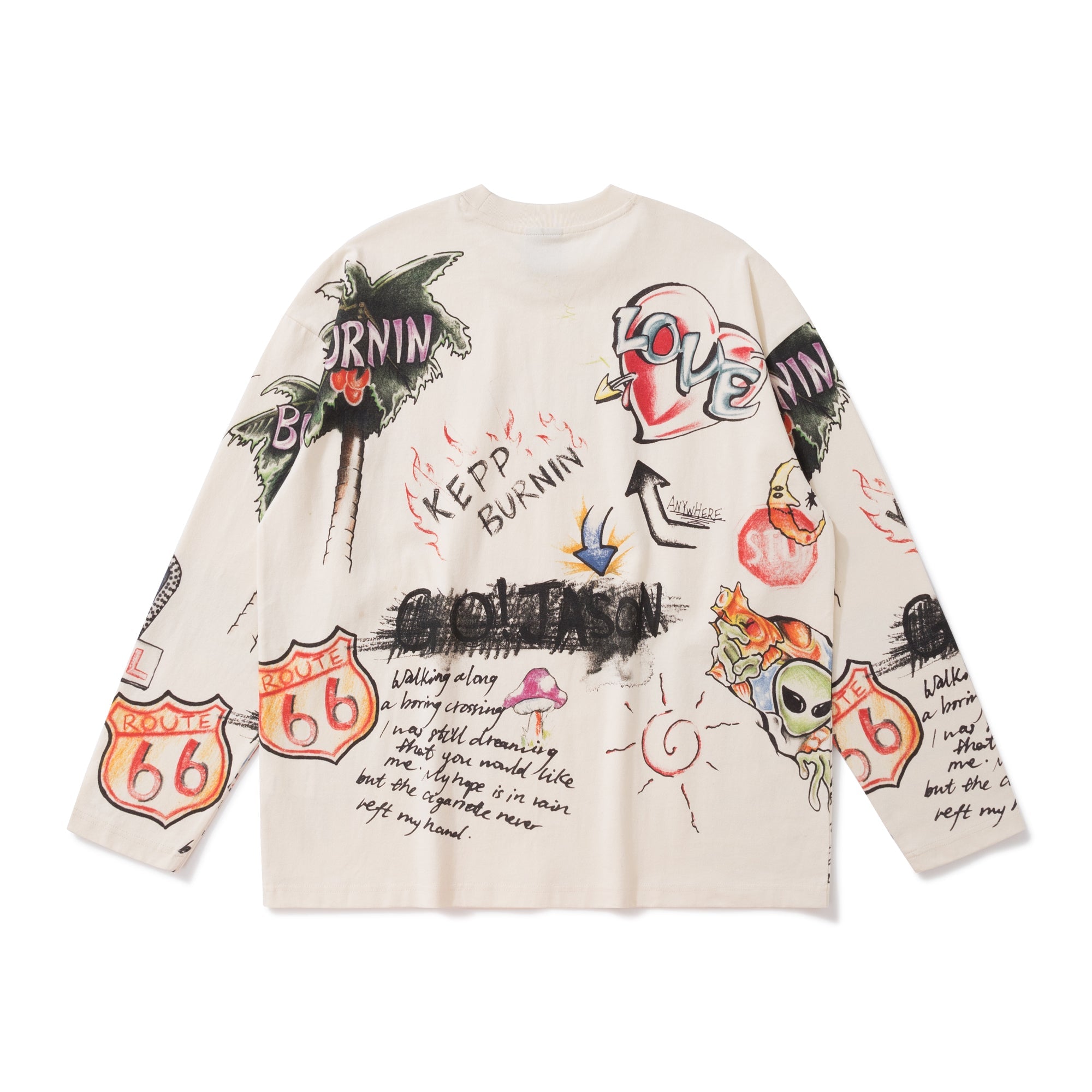 BURNIN* "All Roads Lead to Freedom" Graffiti Hand-Painted Long Sleeve T-Shirt - PSYLOS 1, BURNIN* "All Roads Lead to Freedom" Graffiti Hand-Painted Long Sleeve T-Shirt, T-Shirt, Burnin, PSYLOS 1