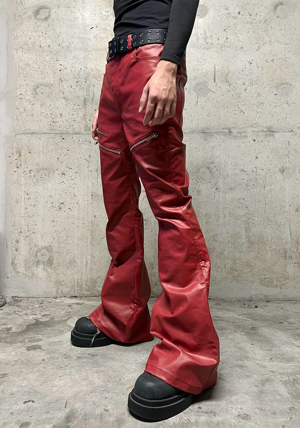 REBEL WAVE丨Liquid Metal Red Coated Waxed Flared Jeans - PSYLOS 1, REBEL WAVE丨Liquid Metal Red Coated Waxed Flared Jeans, Pants, REBEL WAVE•JAPAN, PSYLOS 1