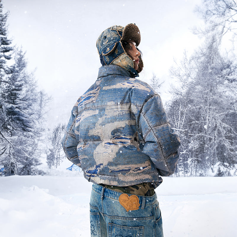 YADcrew丨“Ragged Oil” Ragged Printed Denim White Duck Down Jacket - PSYLOS 1, YADcrew丨“Ragged Oil” Ragged Printed Denim White Duck Down Jacket, Down Jacket, YADcrew•JAPAN, PSYLOS 1