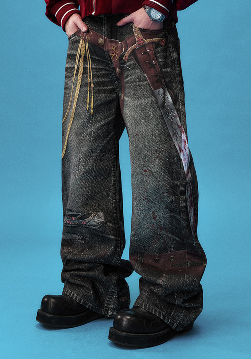 YADcrew丨Bloodbath Knight Sword Printed Jeans - PSYLOS 1, YADcrew丨Bloodbath Knight Sword Printed Jeans, Pants, YADcrew•JAPAN, PSYLOS 1