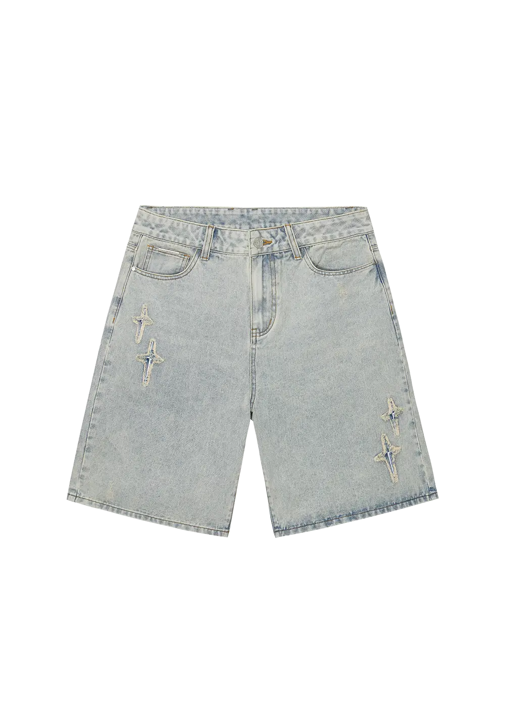 Patchwork Cross Star Embroidered Denim Shorts - PSYLOS 1, Patchwork Cross Star Embroidered Denim Shorts, Shorts, iconslab, PSYLOS 1
