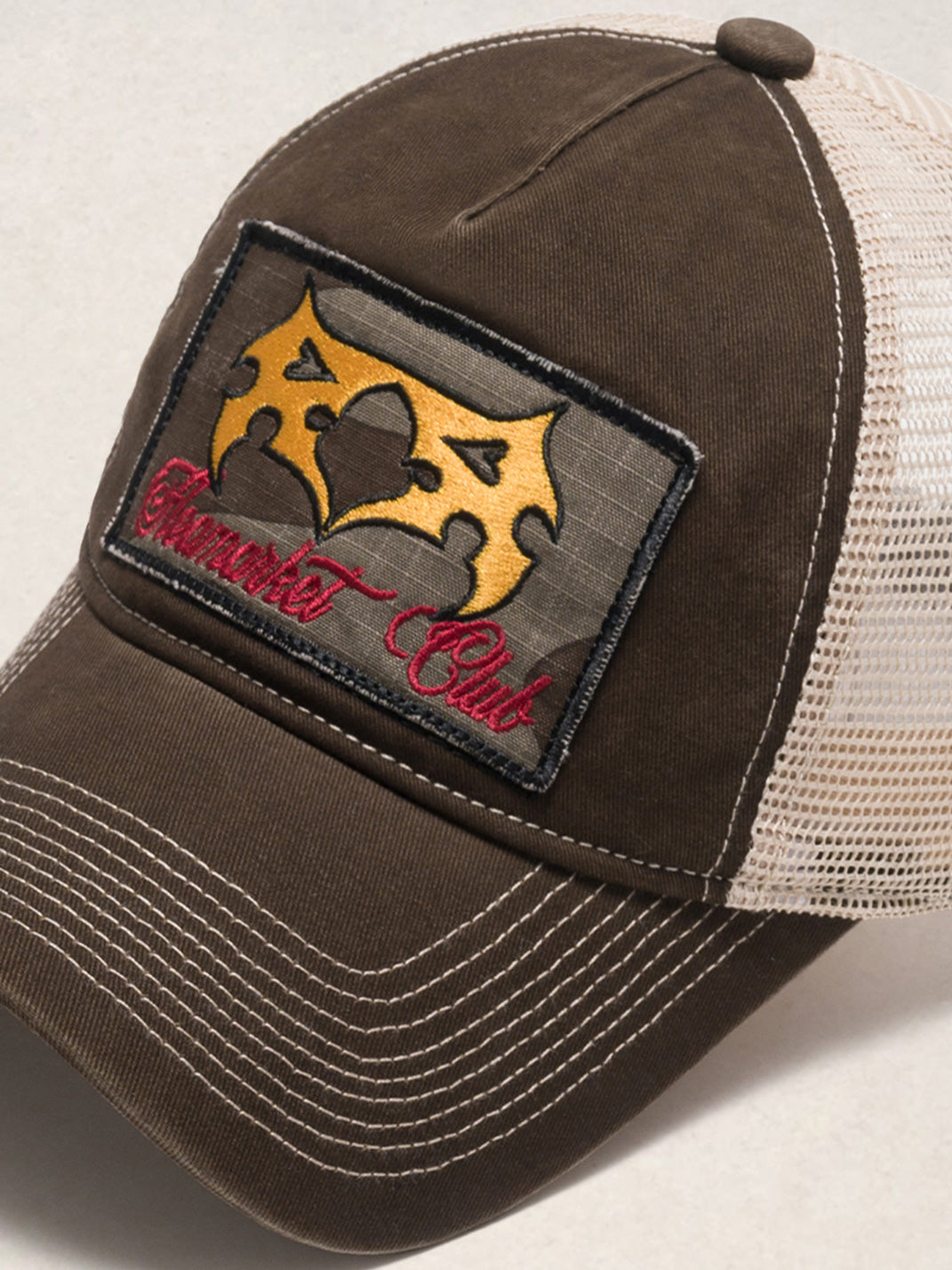 FLEAMARKET | Color Block Patchwork Curve Brim Trucker Hat - PSYLOS 1, FLEAMARKET | Color Block Patchwork Curve Brim Trucker Hat, Hats, FLEAMARKET, PSYLOS 1