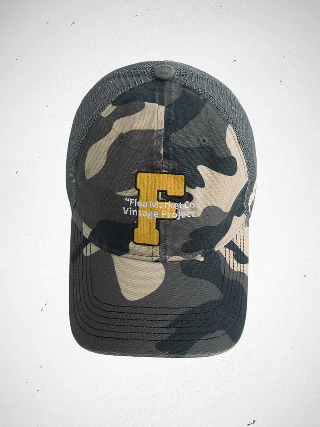 FLEAMARKET | Camo "F" Curve Brim Trucker Hat - PSYLOS 1, FLEAMARKET | Camo "F" Curve Brim Trucker Hat, Hats, FLEAMARKET, PSYLOS 1