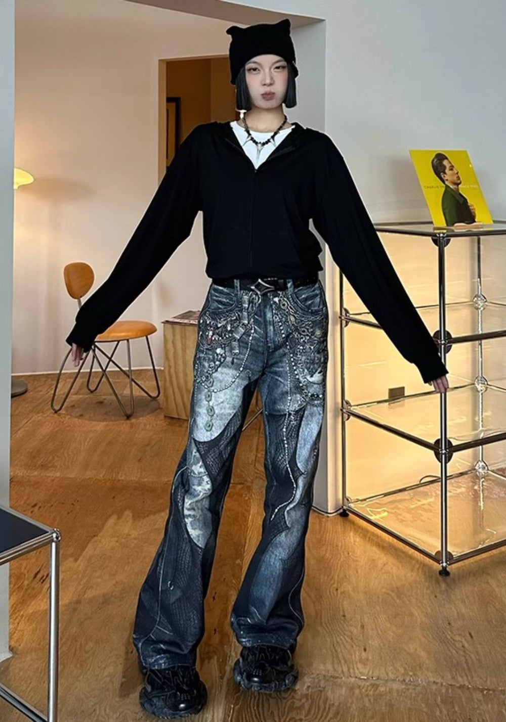 DND4DES丨All-Over Lace Print Chain Denim Jeans - PSYLOS 1, DND4DES丨All-Over Lace Print Chain Denim Jeans, Pants, DND4DES•JAPAN, PSYLOS 1