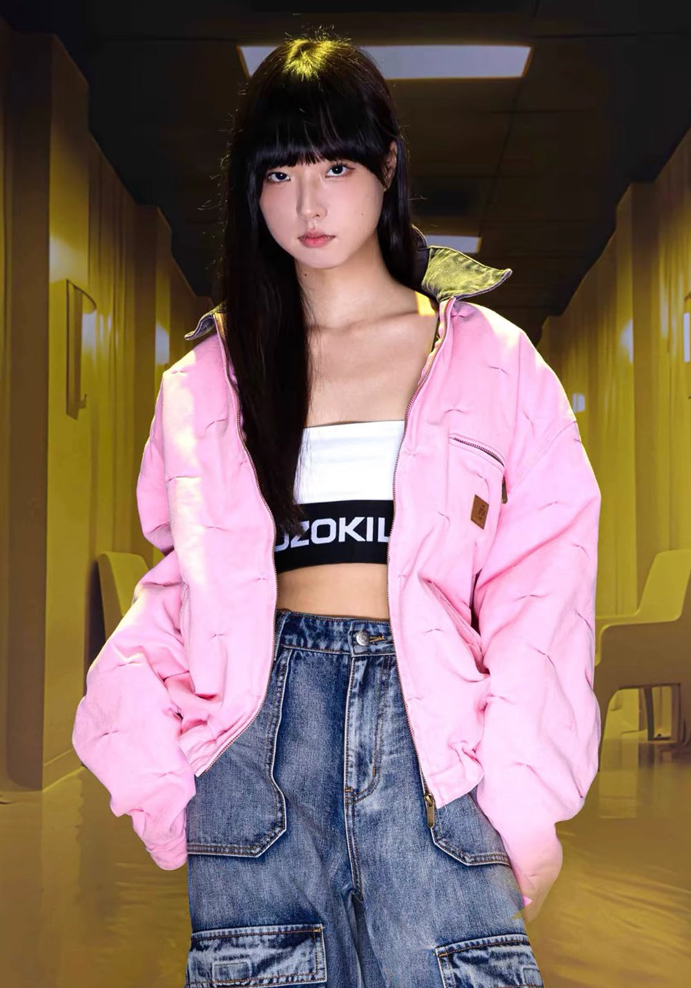 ZOZOKILLA - J97 Pink Pleated Jacket with Bear - ear Collar