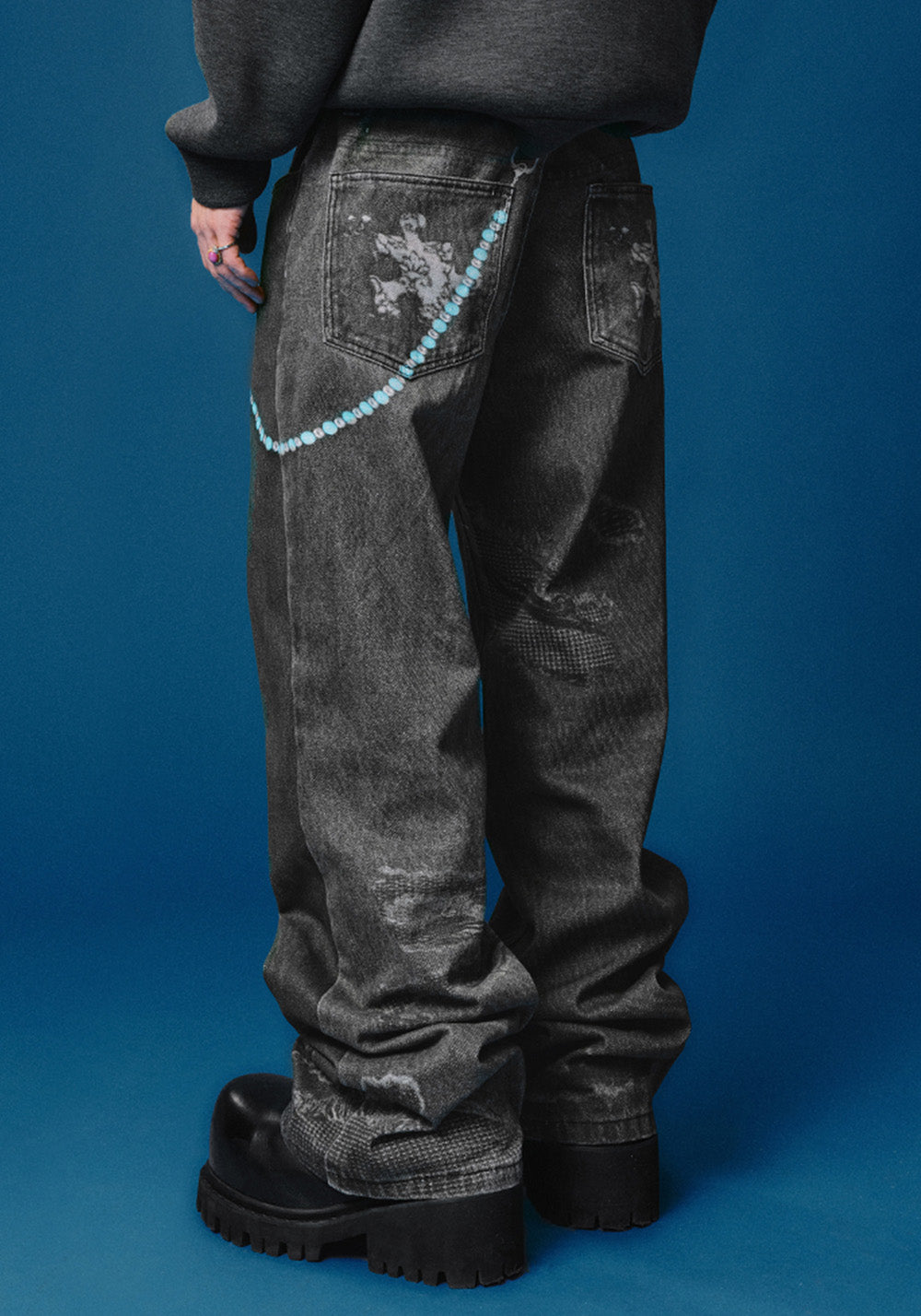 YADcrew丨Chain Embossed Printed Jeans American Street - PSYLOS 1, YADcrew丨Chain Embossed Printed Jeans American Street, Pants, YADcrew•JAPAN, PSYLOS 1