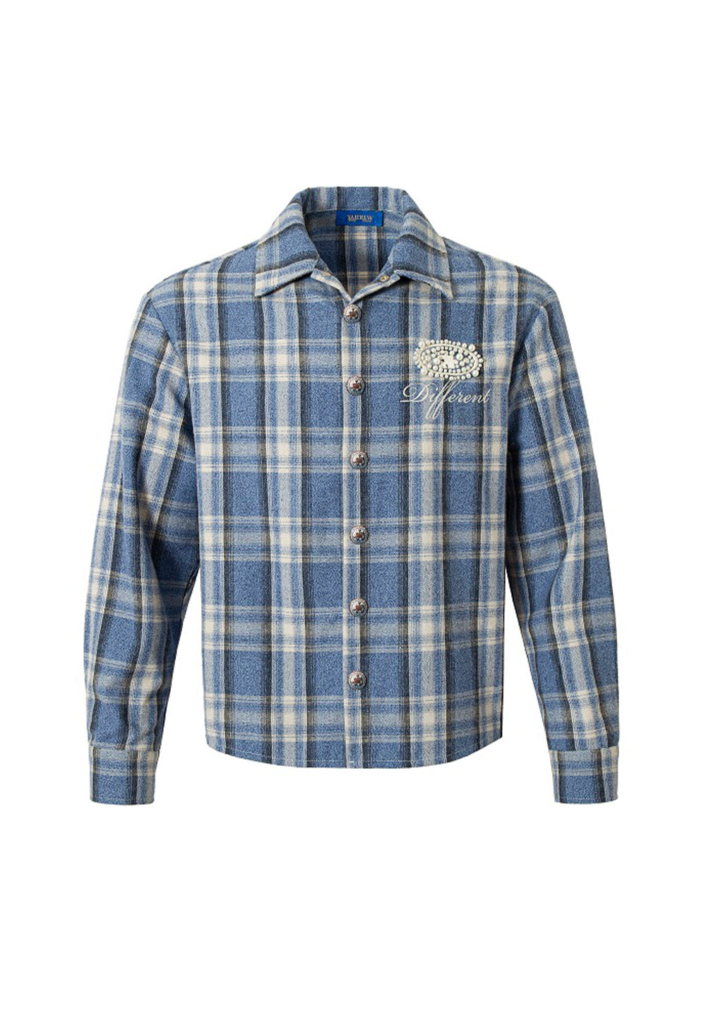 Embroidered Pearl Slogan Plaid Shirt