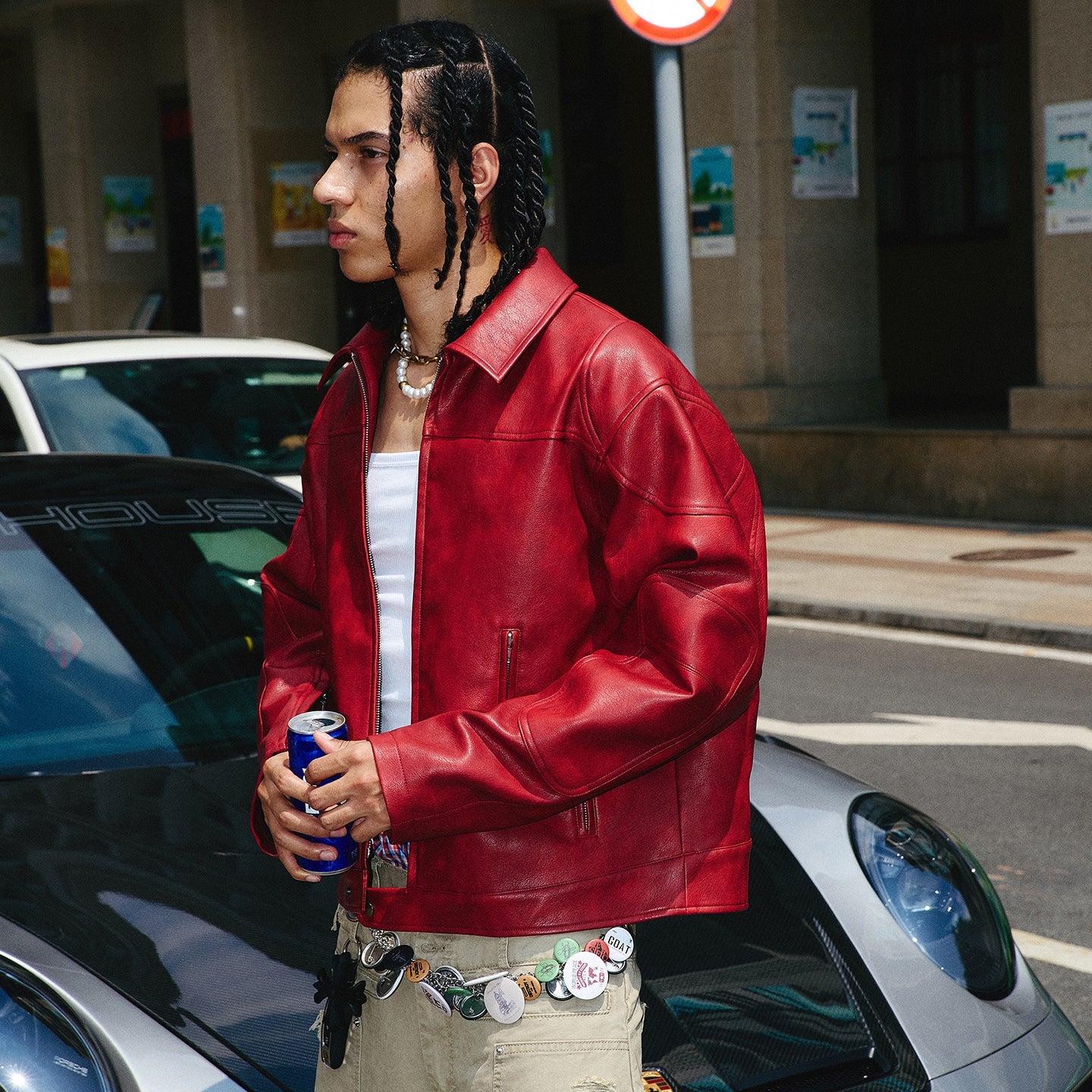 STEEPC Distressed Blur Washed Burgundy Red Short Wide Leather Jacket