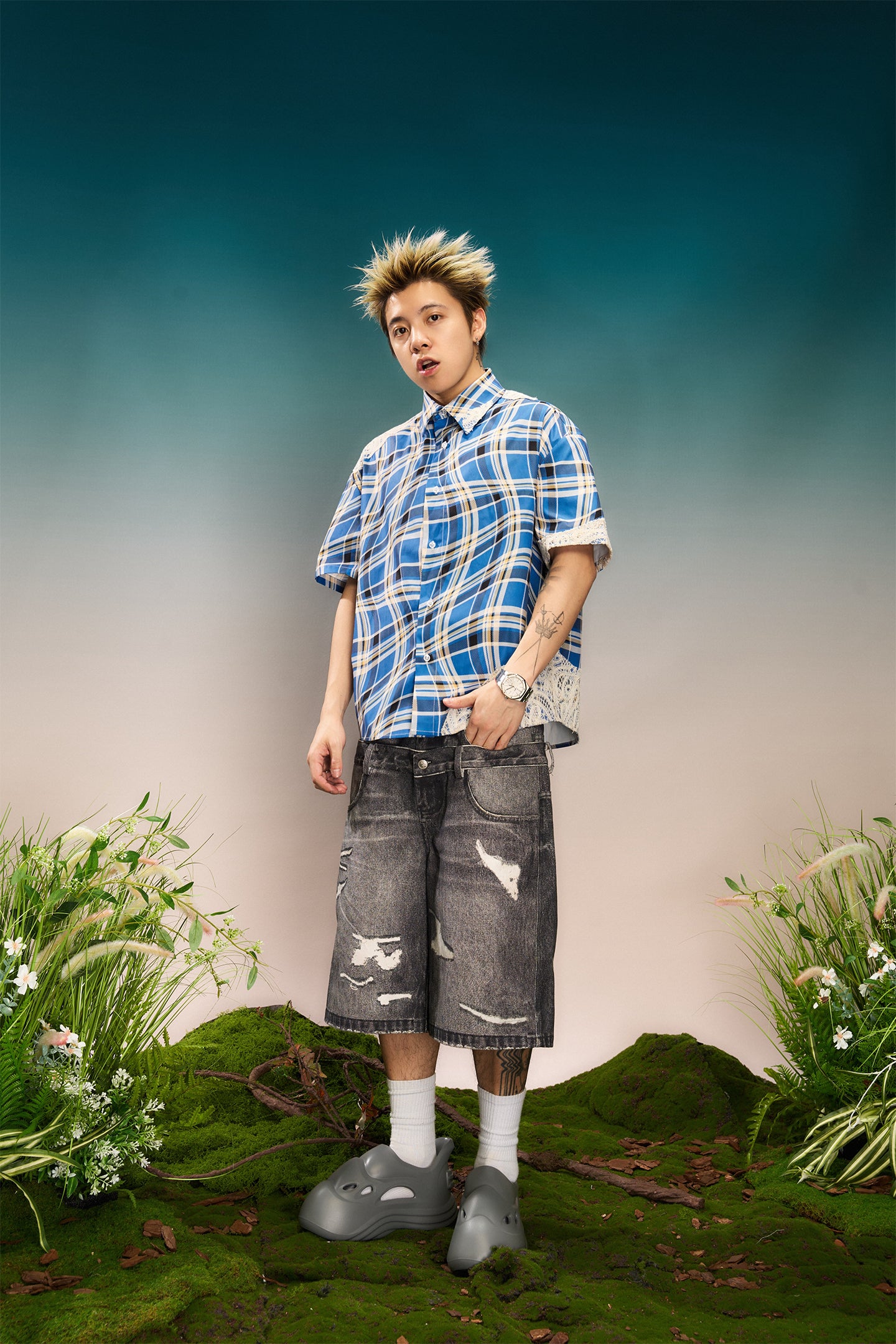 YADcrew | Plaid Lace Stitching Trendy Loose Short-Sleeved Shirt - PSYLOS 1, YADcrew | Plaid Lace Stitching Trendy Loose Short-Sleeved Shirt, Shirts, YADcrew•JAPAN, PSYLOS 1