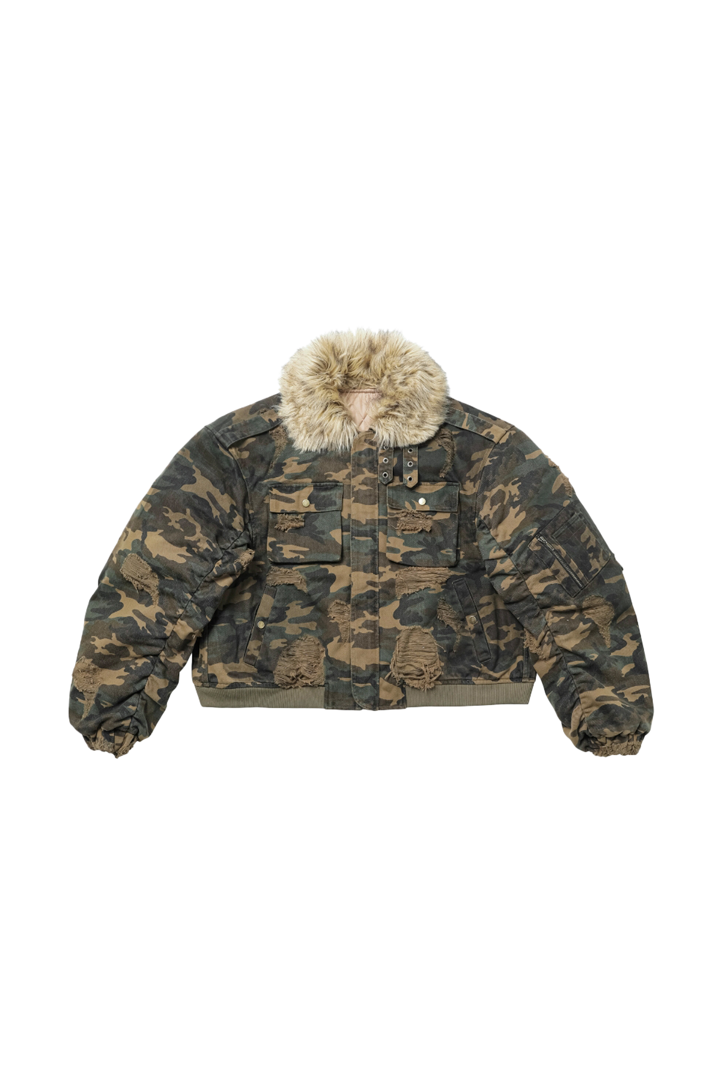 REGEN ZONE Lord of War Washed Camouflage Detachable Fur Collar Flight Jacket