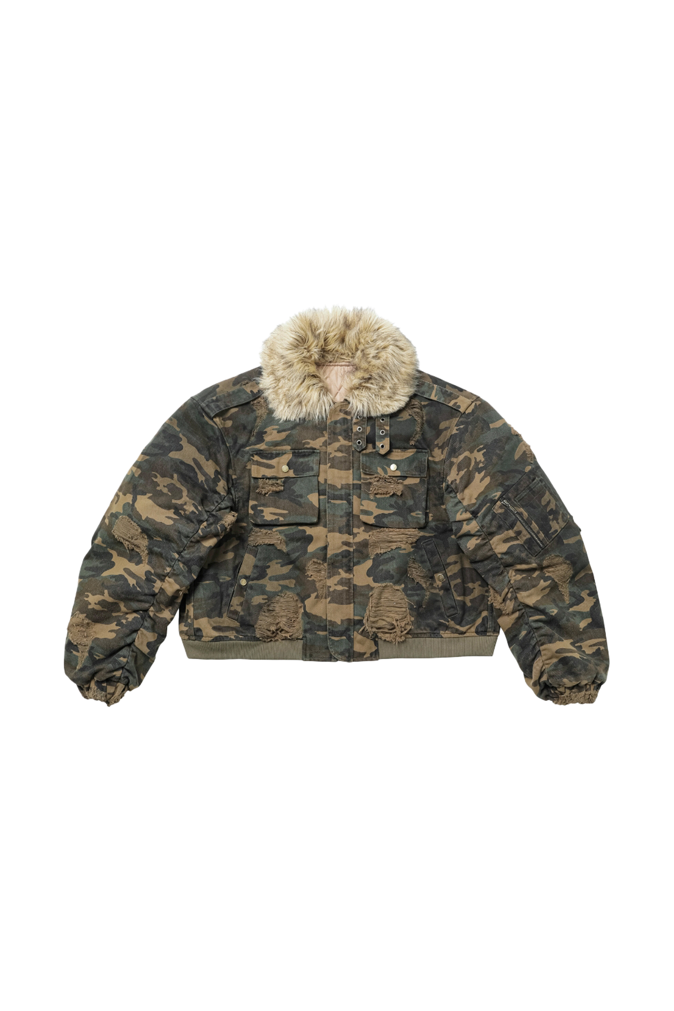 REGEN ZONE Lord of War Washed Camouflage Detachable Fur Collar Flight Jacket