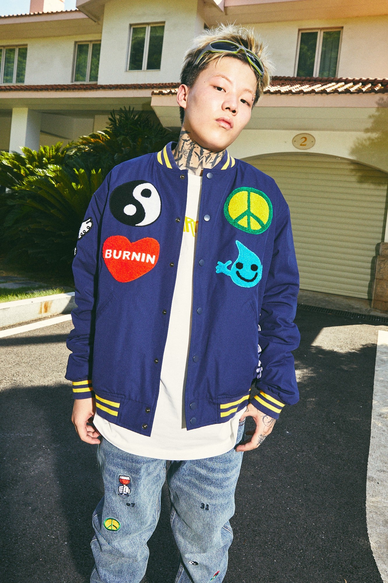 BURNIN PEACE&LOVE EMBROIDERED BASEBALL JACKET - PSYLOS 1, BURNIN PEACE&LOVE EMBROIDERED BASEBALL JACKET, Jackets, Burnin, PSYLOS 1