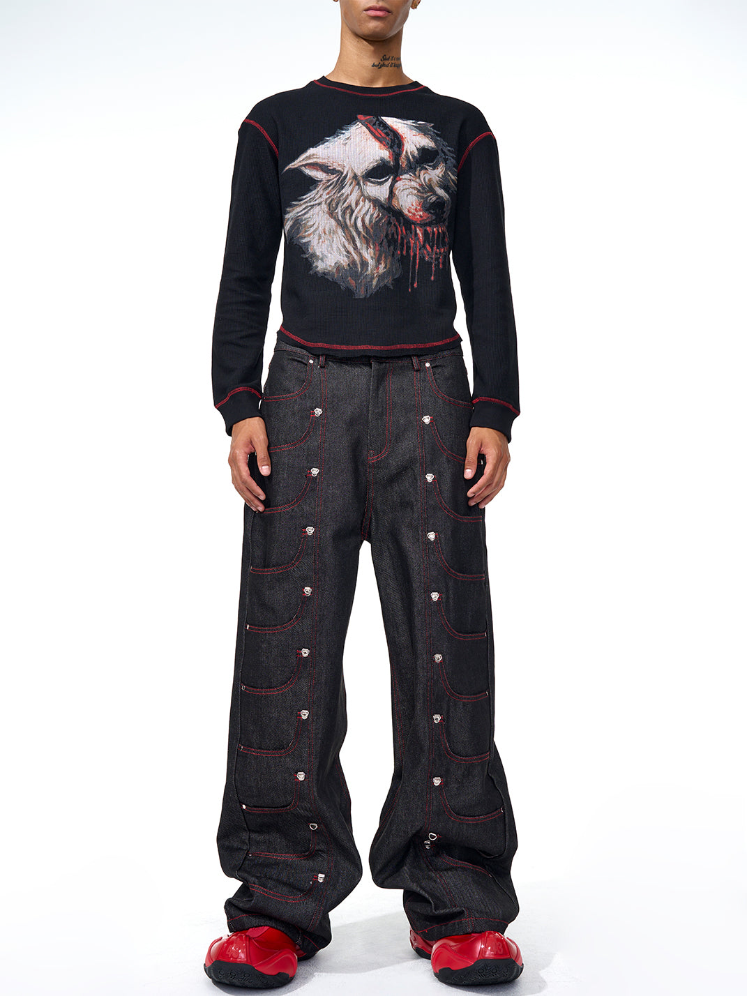 Fourth3ex | Wolf Print Gothic Letter Crewneck Tee - PSYLOS 1, Fourth3ex | Wolf Print Gothic Letter Crewneck Tee, T-Shirt, Fourth3ex, PSYLOS 1