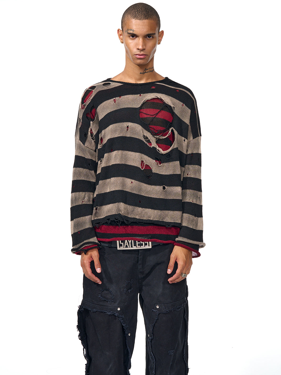 Fourth3ex | Distressed Striped Knit Long Sleeve Sweater - PSYLOS 1, Fourth3ex | Distressed Striped Knit Long Sleeve Sweater, Sweater, Fourth3ex, PSYLOS 1