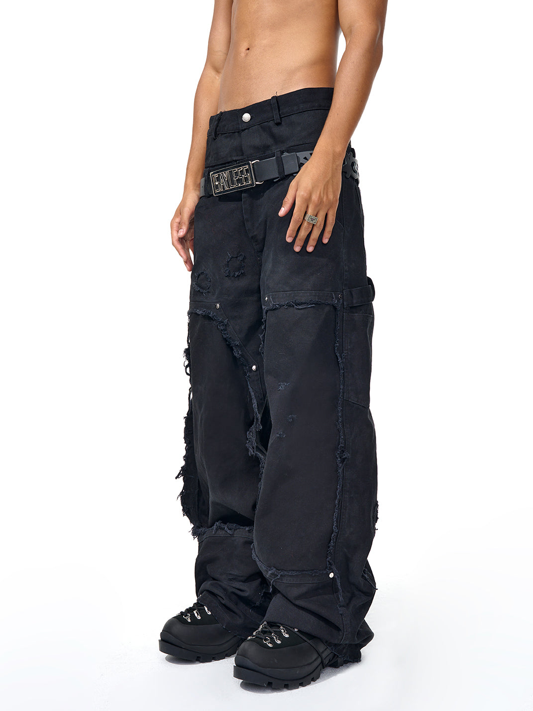 Fourth3ex | Distressed Fringed Double Waist Black Jeans - PSYLOS 1, Fourth3ex | Distressed Fringed Double Waist Black Jeans, Jeans, Fourth3ex, PSYLOS 1