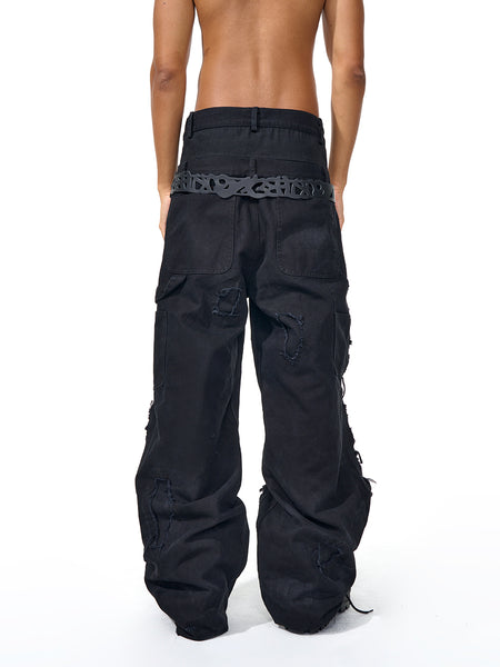 Fourth3ex | Distressed Fringed Double Waist Black Jeans - PSYLOS 1, Fourth3ex | Distressed Fringed Double Waist Black Jeans, Jeans, Fourth3ex, PSYLOS 1