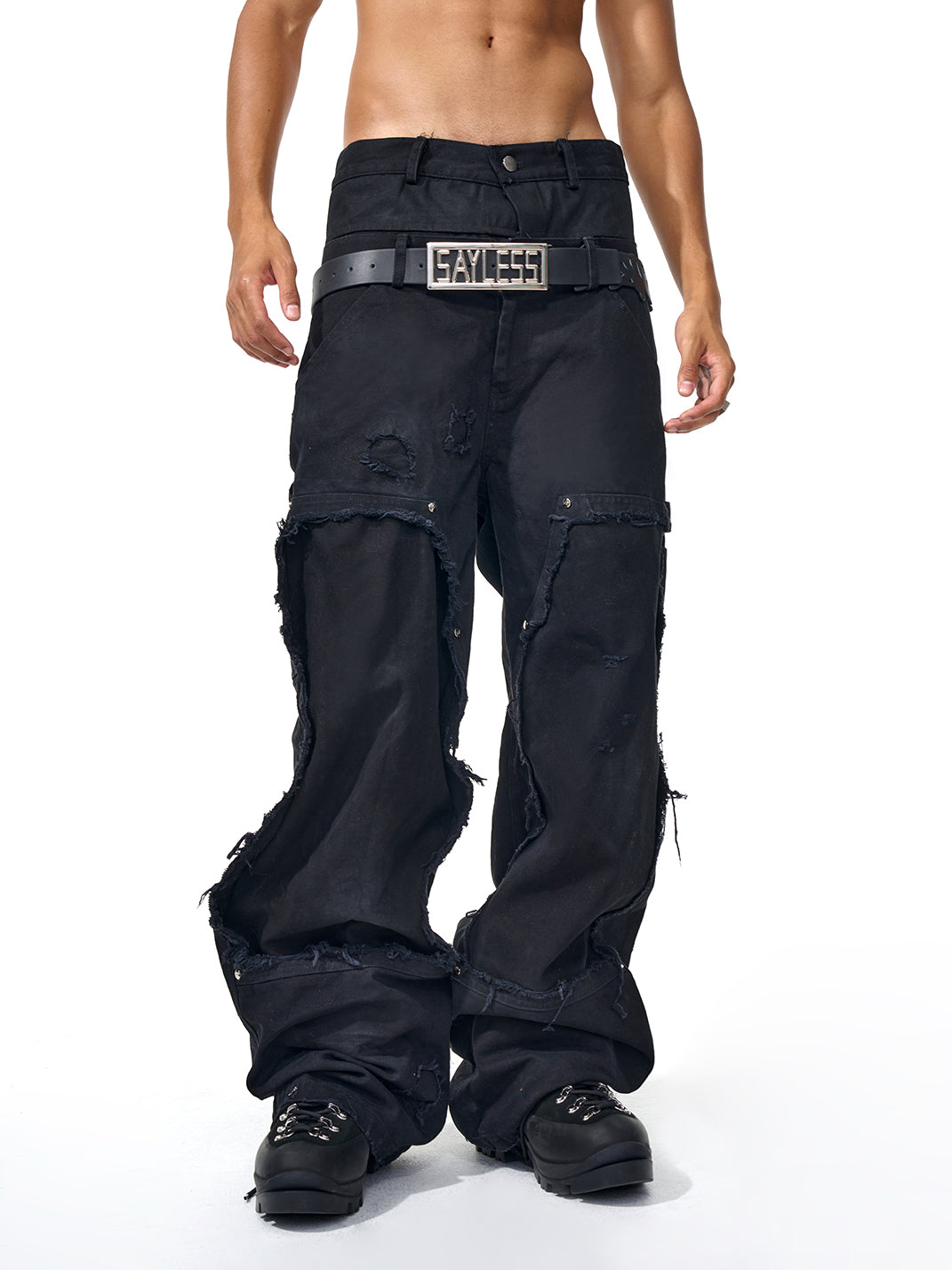 Fourth3ex | Distressed Fringed Double Waist Black Jeans - PSYLOS 1, Fourth3ex | Distressed Fringed Double Waist Black Jeans, Jeans, Fourth3ex, PSYLOS 1