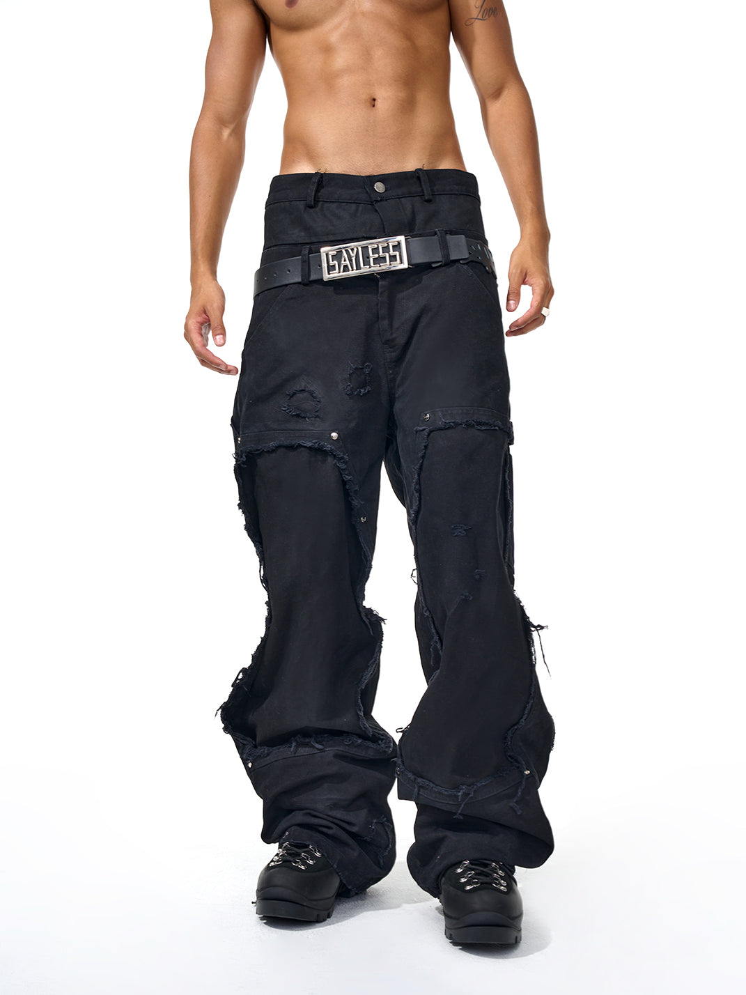 Fourth3ex | Distressed Fringed Double Waist Black Jeans - PSYLOS 1, Fourth3ex | Distressed Fringed Double Waist Black Jeans, Jeans, Fourth3ex, PSYLOS 1