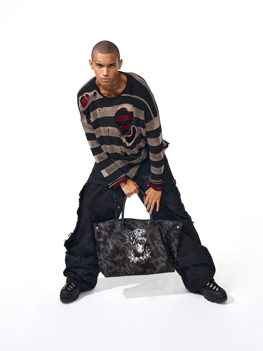 Fourth3ex | Distressed Striped Knit Long Sleeve Sweater - PSYLOS 1, Fourth3ex | Distressed Striped Knit Long Sleeve Sweater, Sweater, Fourth3ex, PSYLOS 1