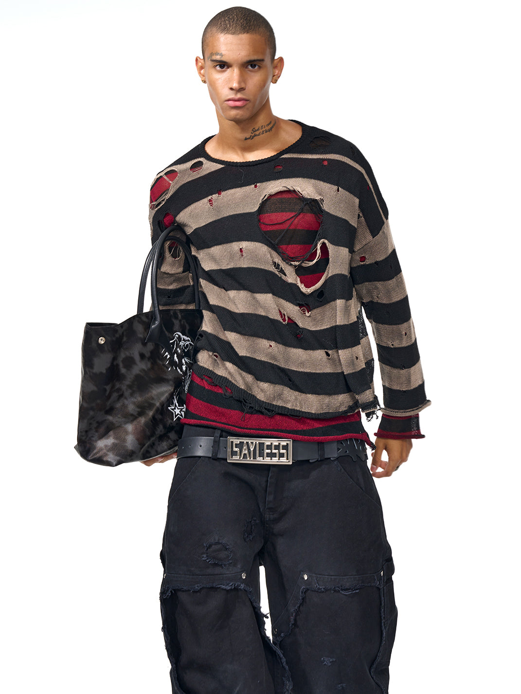 Fourth3ex | Distressed Striped Knit Long Sleeve Sweater - PSYLOS 1, Fourth3ex | Distressed Striped Knit Long Sleeve Sweater, Sweater, Fourth3ex, PSYLOS 1