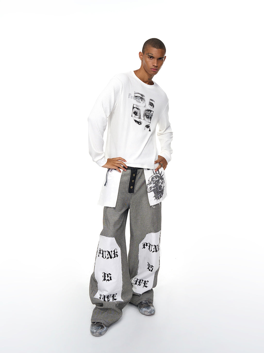Fourth3ex | Letter Print Reverse Denim Wide Jeans - PSYLOS 1, Fourth3ex | Letter Print Reverse Denim Wide Jeans, Jeans, Fourth3ex, PSYLOS 1