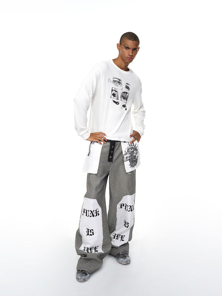 Fourth3ex | Letter Print Reverse Denim Wide Jeans - PSYLOS 1, Fourth3ex | Letter Print Reverse Denim Wide Jeans, Jeans, Fourth3ex, PSYLOS 1