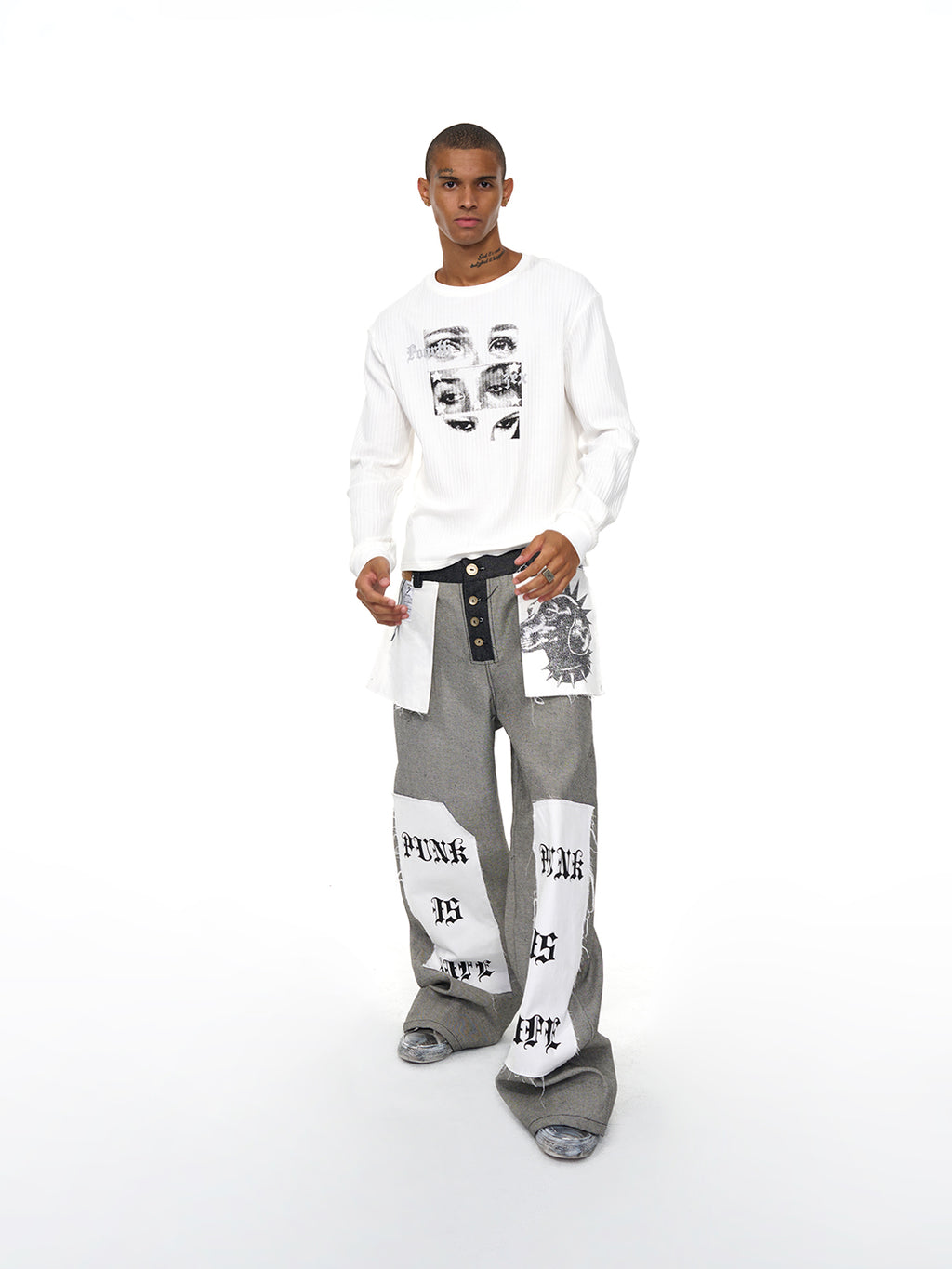 Fourth3ex | Letter Print Reverse Denim Wide Jeans - PSYLOS 1, Fourth3ex | Letter Print Reverse Denim Wide Jeans, Jeans, Fourth3ex, PSYLOS 1