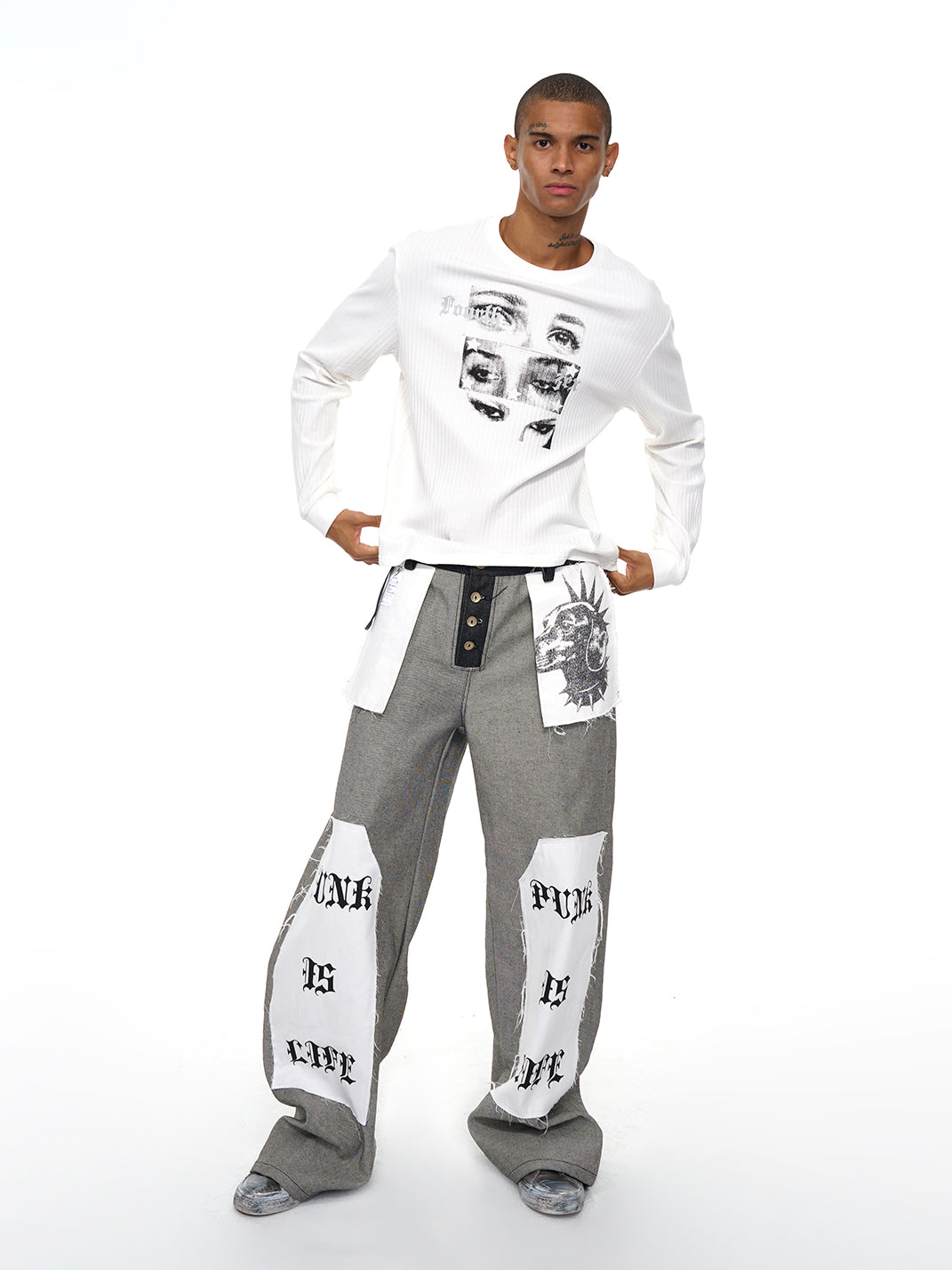 Fourth3ex | Letter Print Reverse Denim Wide Jeans - PSYLOS 1, Fourth3ex | Letter Print Reverse Denim Wide Jeans, Jeans, Fourth3ex, PSYLOS 1