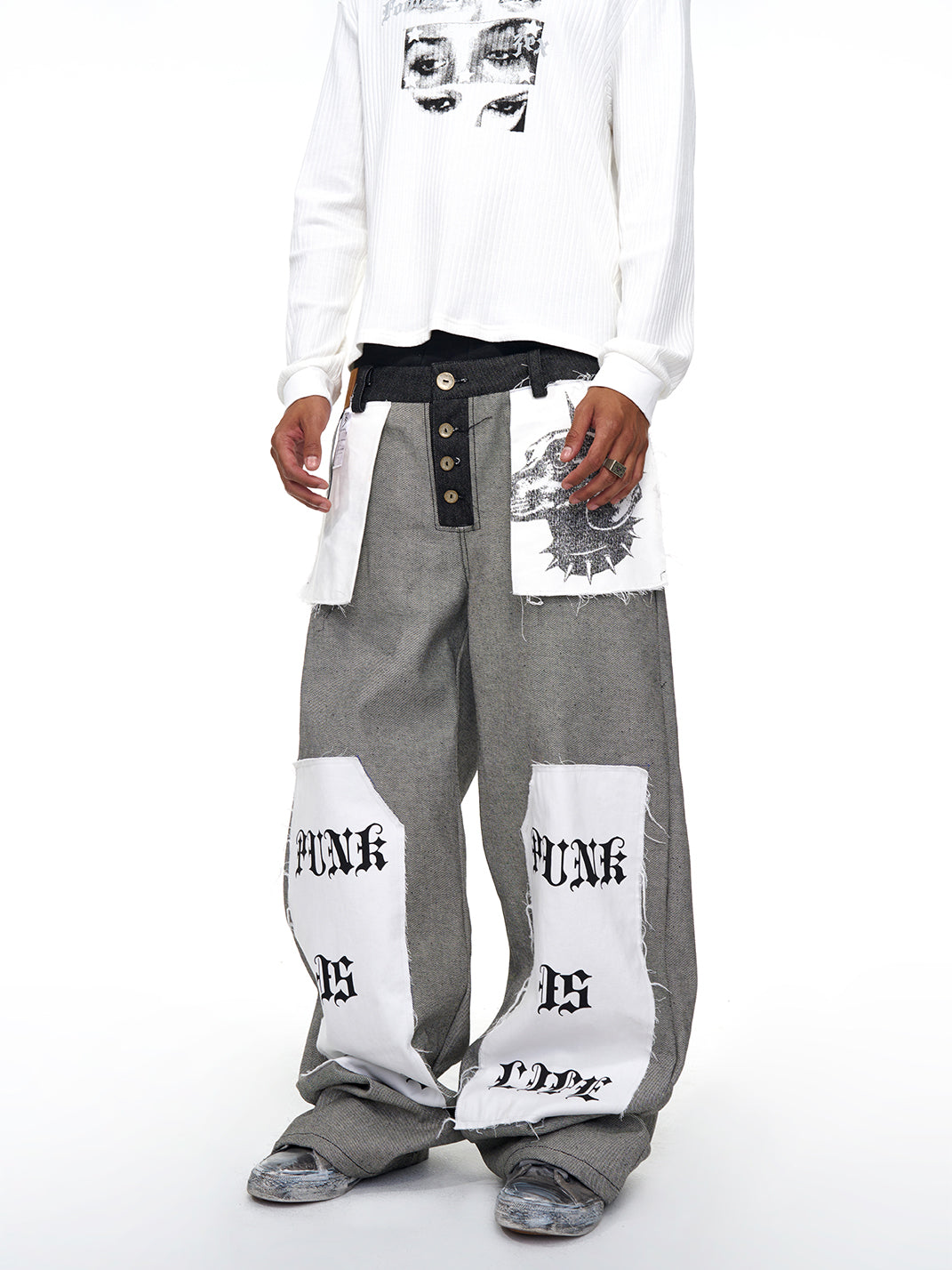 Fourth3ex | Letter Print Reverse Denim Wide Jeans - PSYLOS 1, Fourth3ex | Letter Print Reverse Denim Wide Jeans, Jeans, Fourth3ex, PSYLOS 1