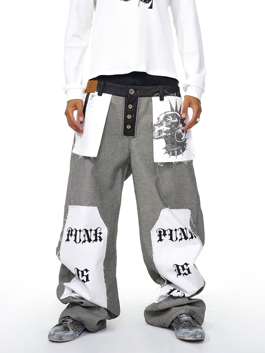 Fourth3ex | Letter Print Reverse Denim Wide Jeans - PSYLOS 1, Fourth3ex | Letter Print Reverse Denim Wide Jeans, Jeans, Fourth3ex, PSYLOS 1