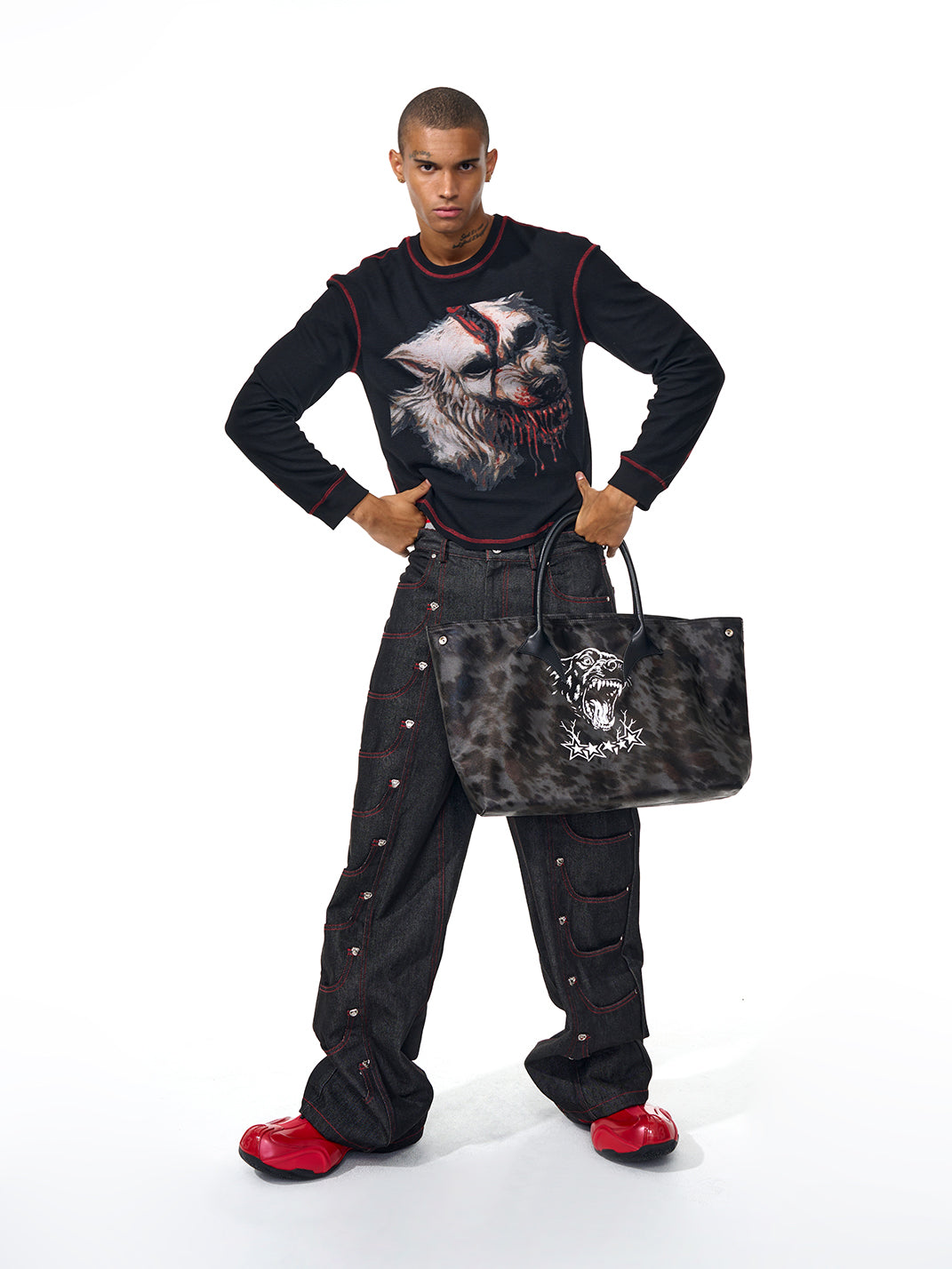 Fourth3ex | Wolf Print Gothic Letter Crewneck Tee - PSYLOS 1, Fourth3ex | Wolf Print Gothic Letter Crewneck Tee, T-Shirt, Fourth3ex, PSYLOS 1