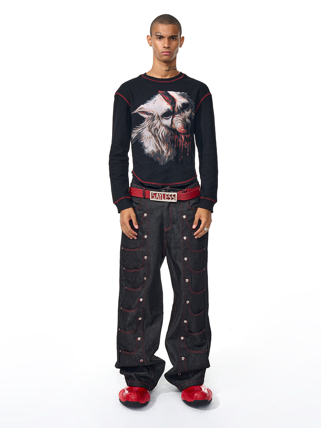 Fourth3ex | Wolf Print Gothic Letter Crewneck Tee - PSYLOS 1, Fourth3ex | Wolf Print Gothic Letter Crewneck Tee, T-Shirt, Fourth3ex, PSYLOS 1