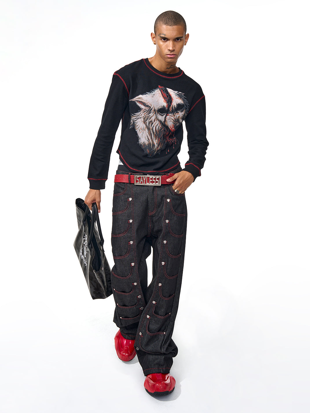 Fourth3ex | Wolf Print Gothic Letter Crewneck Tee - PSYLOS 1, Fourth3ex | Wolf Print Gothic Letter Crewneck Tee, T-Shirt, Fourth3ex, PSYLOS 1