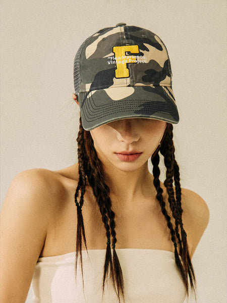 FLEAMARKET | Camo "F" Curve Brim Trucker Hat - PSYLOS 1, FLEAMARKET | Camo "F" Curve Brim Trucker Hat, Hats, FLEAMARKET, PSYLOS 1