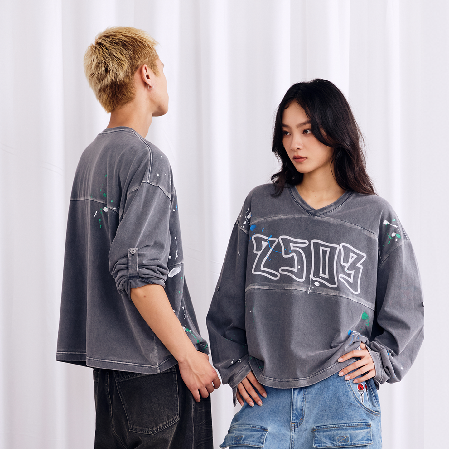 BURNIN* "2503" v-neck splash-ink retro old washed T-shirt - PSYLOS 1, BURNIN* "2503" v-neck splash-ink retro old washed T-shirt, T-Shirt, Burnin, PSYLOS 1