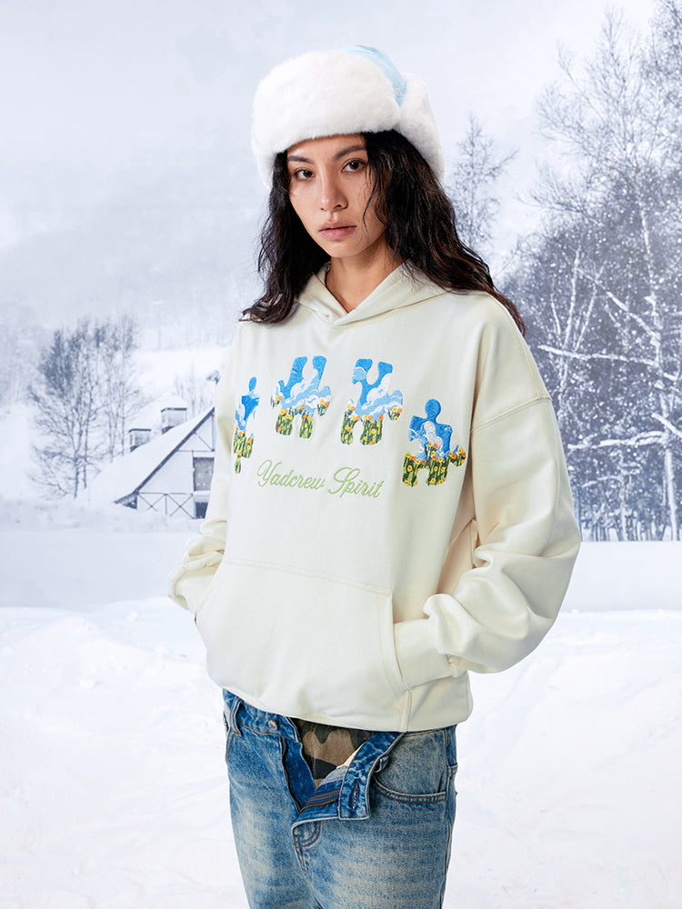 Blue Sky Flower Heavy Duty Needle Embroidery Jigsaw Hooded Sweatshirt