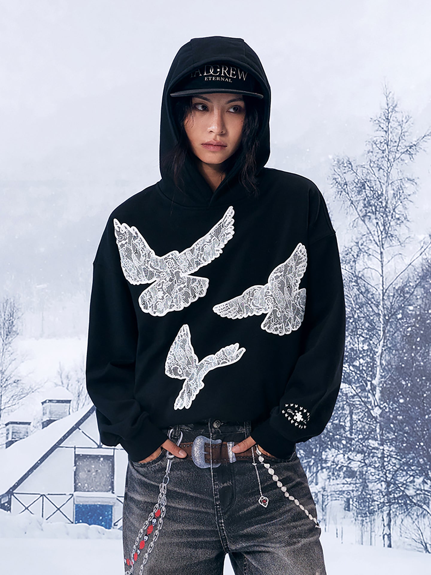 Black Printed Lace Foam Peace Dove Hoodie