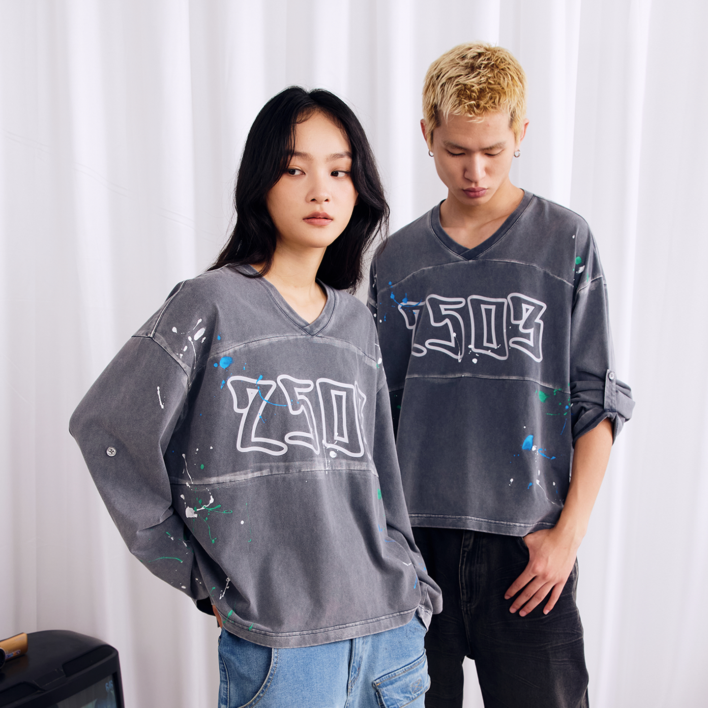 BURNIN* "2503" v-neck splash-ink retro old washed T-shirt - PSYLOS 1, BURNIN* "2503" v-neck splash-ink retro old washed T-shirt, T-Shirt, Burnin, PSYLOS 1