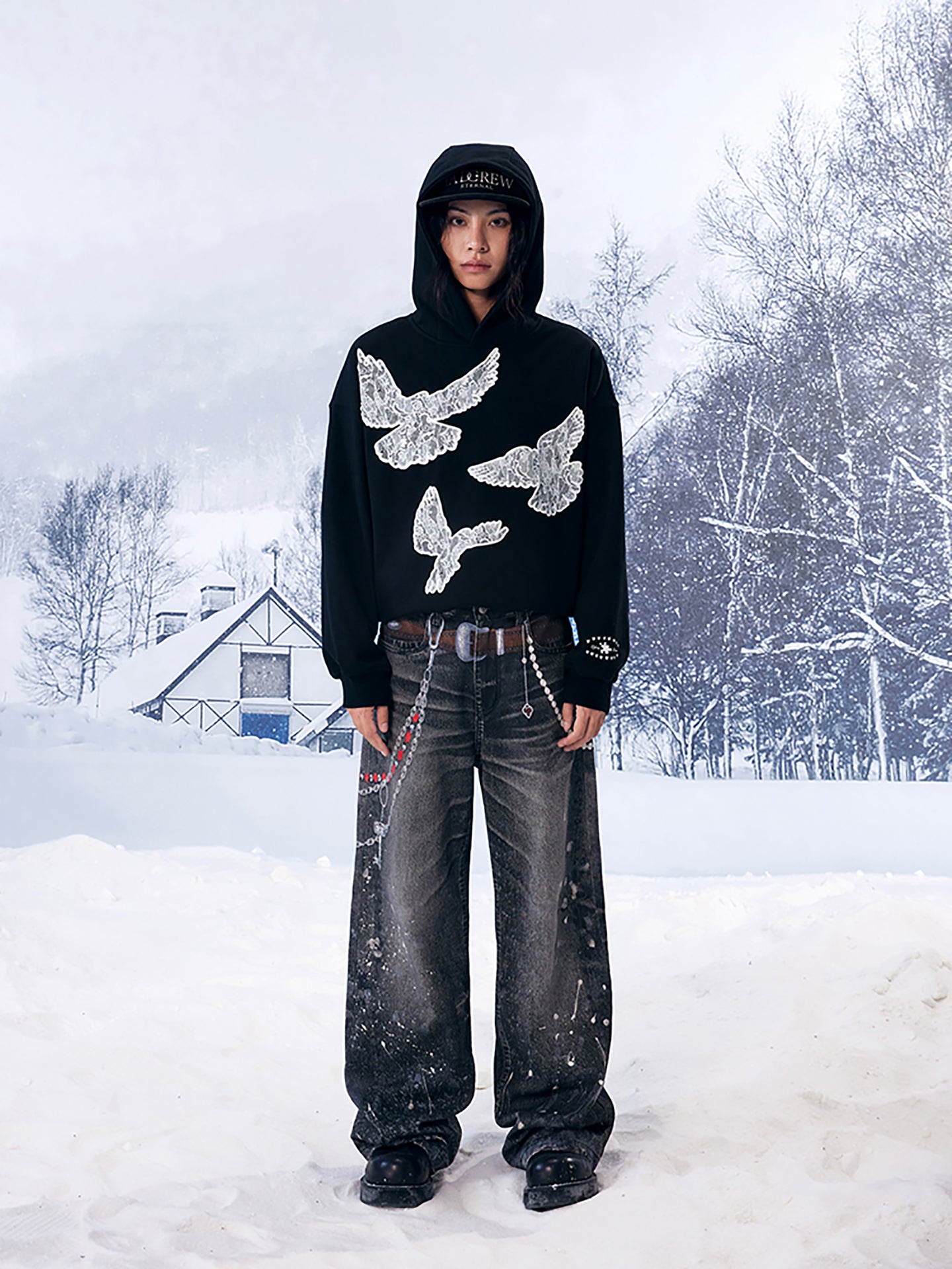 Black Printed Lace Foam Peace Dove Hoodie