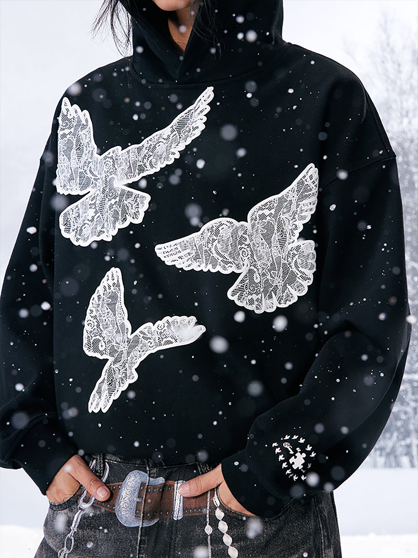 Black Printed Lace Foam Peace Dove Hoodie