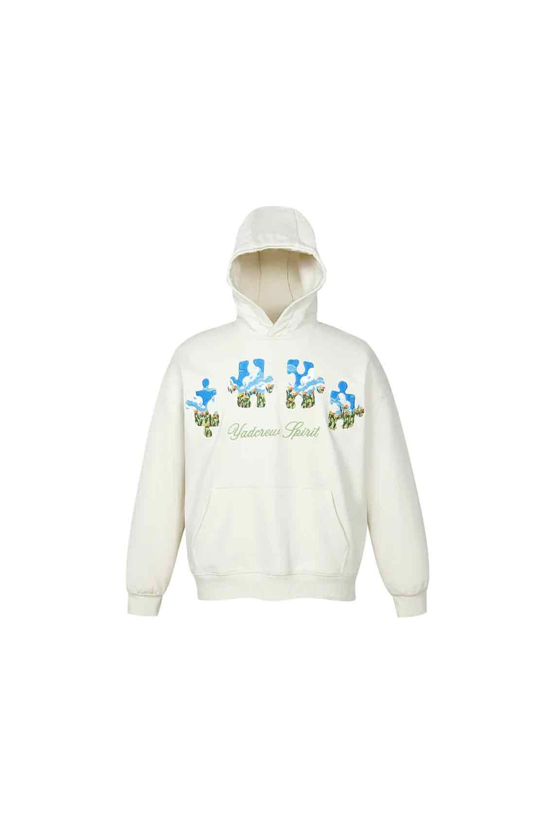 Blue Sky Flower Heavy Duty Needle Embroidery Jigsaw Hooded Sweatshirt