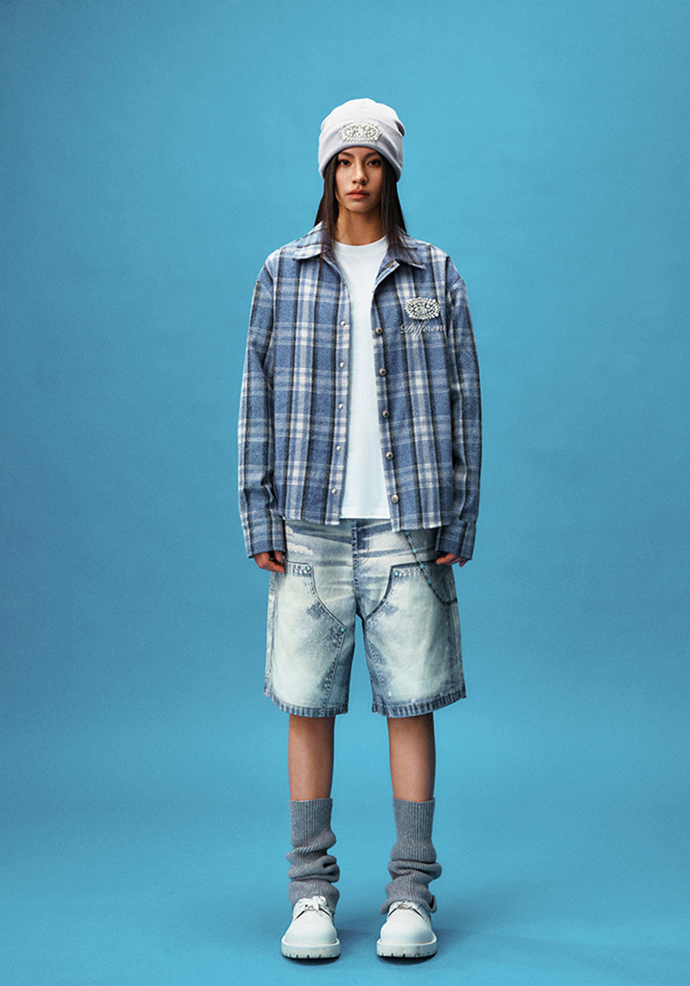 YADcrew丨Embroidered Pearl Slogan Plaid Shirt - PSYLOS 1, YADcrew丨Embroidered Pearl Slogan Plaid Shirt, Shirts, YADcrew•JAPAN, PSYLOS 1